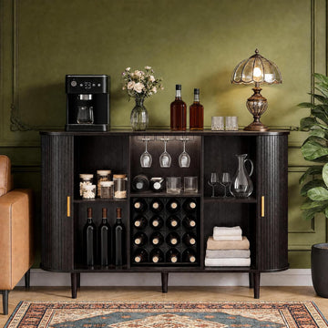 55" Wine Bar Cabinet with Storage, Fluted Liquor & Coffee Bar Cabinet with Wine Rack and Glass Holder, Buffet