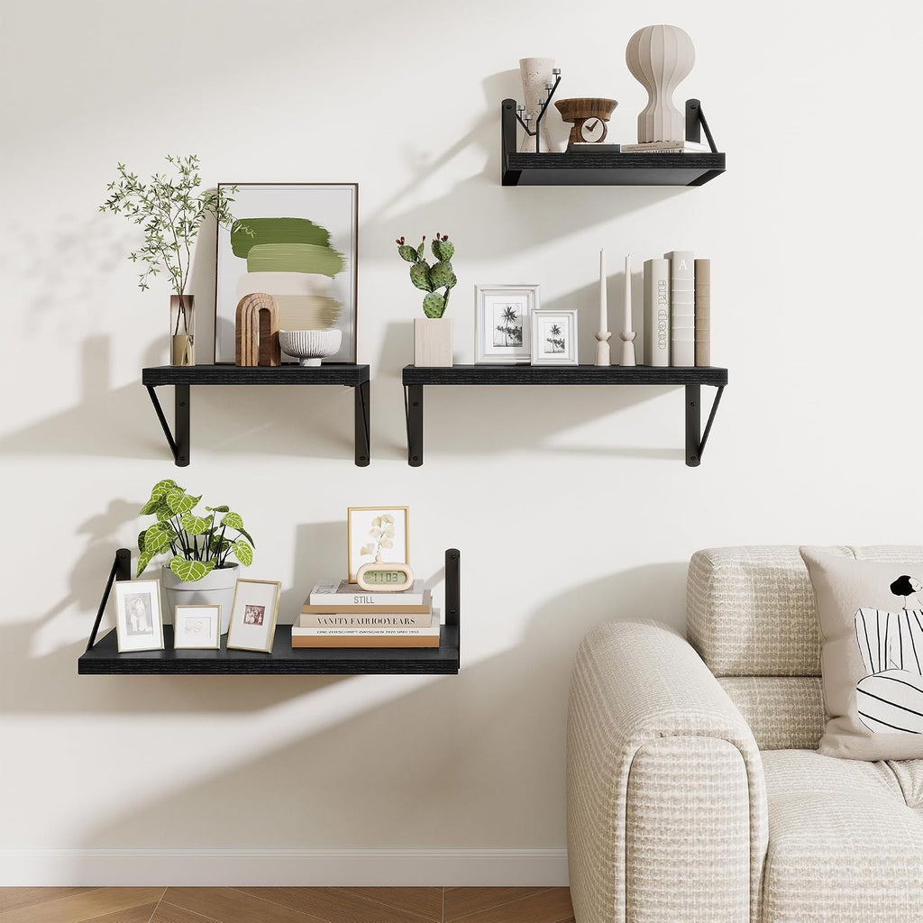 Deep Wall Shelves 24"W x 8"D Engineered Wood Floating Shelves for Wall, Sturdy Metal Bracket Bookshelves Home Decor