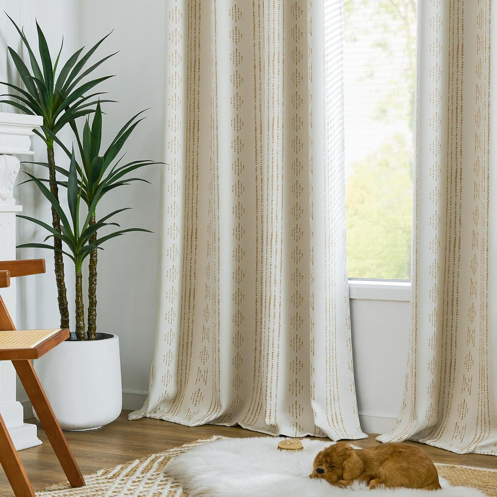 95% Blackout Boho Curtains 84 Inch Longes for Bedroom Beige Geometric Printed Grommet Top Room Darkening Thermal