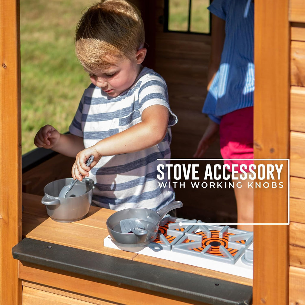 Sweetwater Cedar Wooden Kids Playhouse Cottage with Play Kitchen, Snack Bar, Half Door, Toy Phone, Windows, Flowerpot