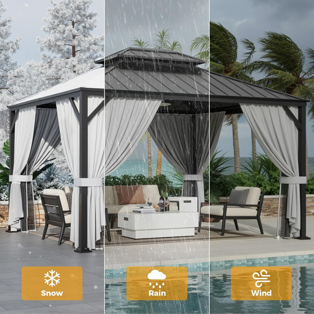 10'x12' Outdoor Hardtop Gazebo, Aluminum Patio Gazebo with Galvanized Steel Double Roof