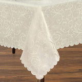 Portofino Scalloped Damask Fabric Tablecloth, 52 x 70 Inch Rectangle, Ivory, Wrinkle and Stain Resis