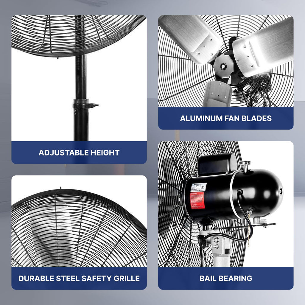 24 Inch High Velocity Oscillating Pedestal Fan,9500 CFM Airflow Heavy Duty Industrial Standing Fan, 2 Speeds, 1/2 HP