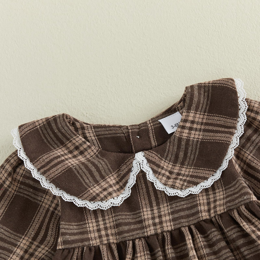 Baby Girl Peter Pan Collar Outfit Gingham Top Pants Set Fall Winter Clothes (Brown, )