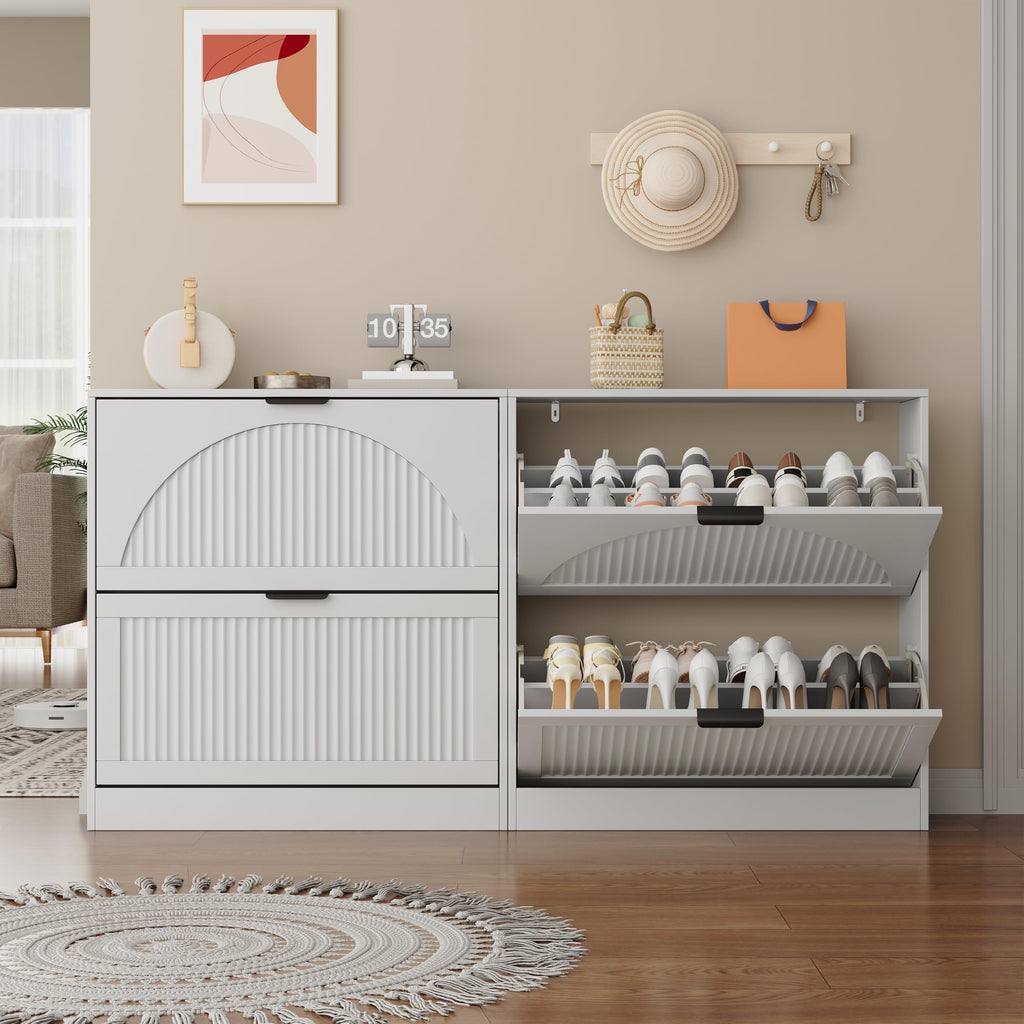 Fluted Shoe Storage Cabinet, 2 Flip Drawers, White
