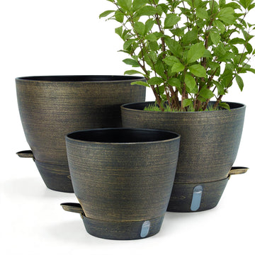 12/10/8 in Self Watering Pots for Indoor/Outdoor Plants, Gold Bronze Large Plastic Planter with Water Level
