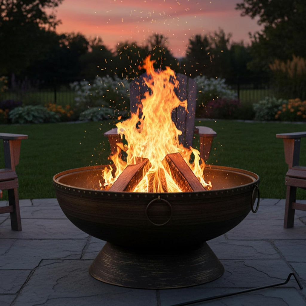 30-Inch Large Outdoor Fire Pit - Wood Burning Fire Pit for Outside with Poker and Screen - Black Finish - Regal Cauldron