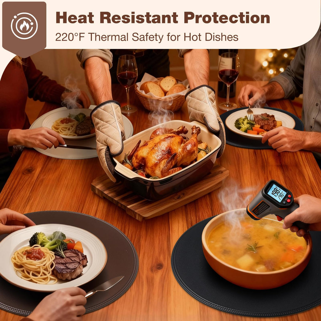 Round Vinyl Brown Placemats Set of 6, Faux Leather Waterproof Wipeable Heat Resistant Place Mats, Washable Table Mats