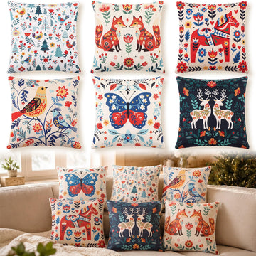6 Pcs Scandinavian Folk Art Throw Pillow Covers, 18 x 18 in