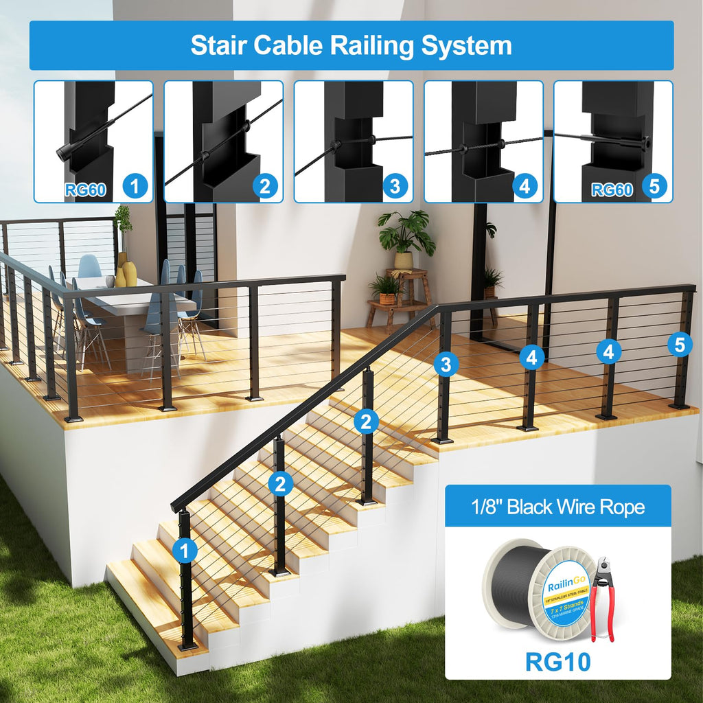 RalinGo 4FT-8FT Swageless Cable Railing Post Kit with Handrail for Stairs, 36" T304 Stainless Steel Deck Cable