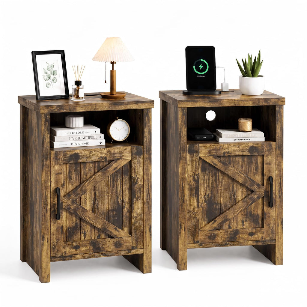 Farmhouse Nightstand with Charging Station, Couch Side Table Set of 2, Bedside Table with Storage Space, End Tables