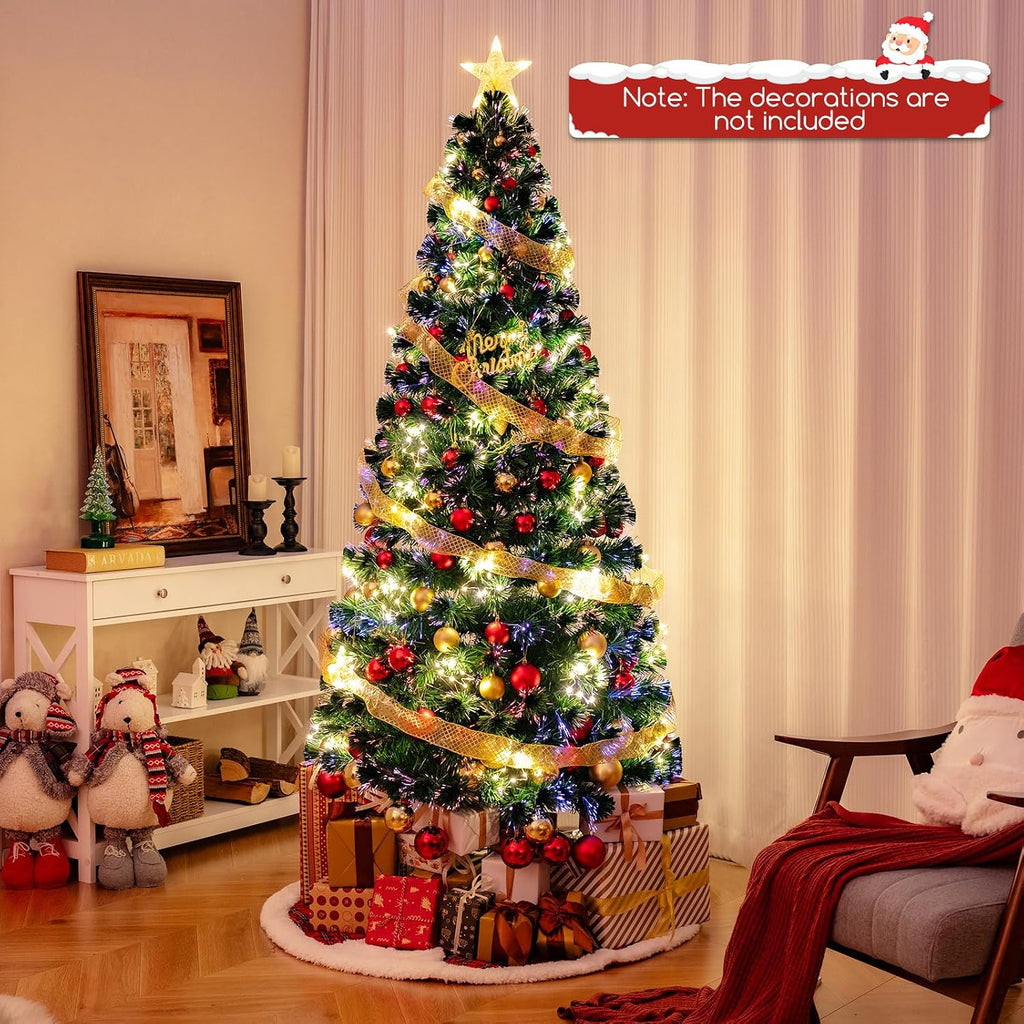 7ft Pre-Lit Fiber Optic Christmas Tree, Artificial Lighted Xmas Tree with 48 Warm-White Shape-Adjustable Star String