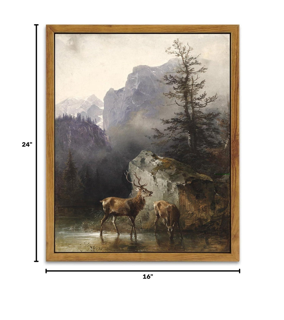 Framed Canvas Wall Art, Wildlife Mountain Deer Landscapes Painting