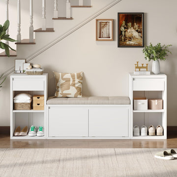 All-in-One Entryway Storage Bench with Cushion, Compartments, Drawers and Open Shelves, Farmhouse Storage Bench