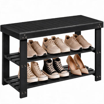 3 Tier Bamboo Shoe Rack Bench, Black
