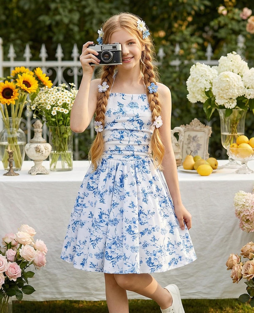 Girls Floral Summer Spring Halter Tie Back Dresses