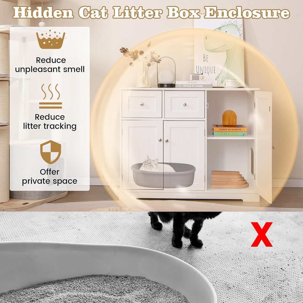 Litter Box Enclosure, 40 Inch Enclosed Cat Box Cabinet with 2 Storage Drawers, 3 Doors & 2 Entrances, Hidden Cat