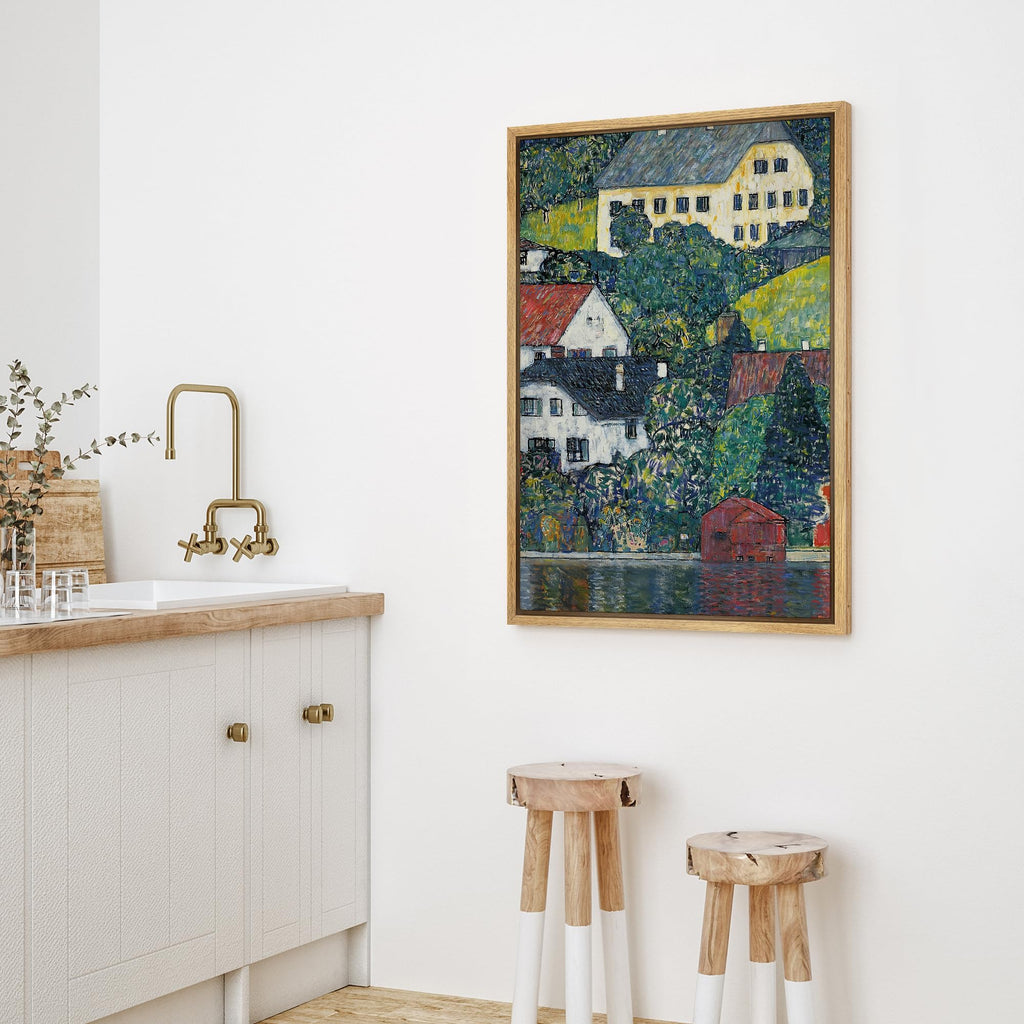 Framed Canvas Print Wall Art Houses at Unterach by Gustav Klimt Nature Wilderness Illustrations Retro Decorative