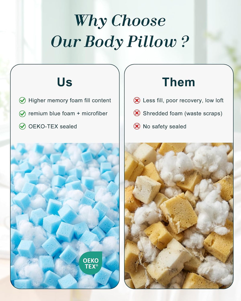 Cooling Body Pillows for Side Sleeper, Double Sided for Hot Sleepers, Firm Shredded Memory Foam Long Pillow for Bed