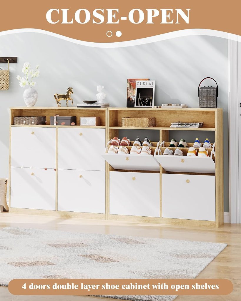 Narrow Shoe Cabinet with 4 Flip Drawers and Open Shelf, Freestanding Shoe Storage Cabinet , Compact Wooden Shoes