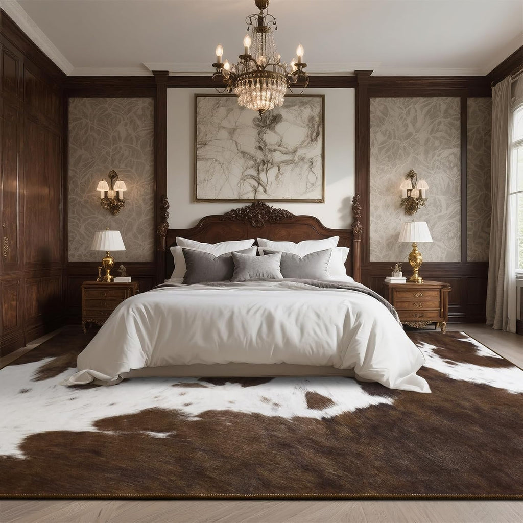 Cow Print Rug - Brown Faux Cowhide Rugs, Washable Soft Non-Slip Stain Resistant Animal Cow Hide Carpet Bedroom