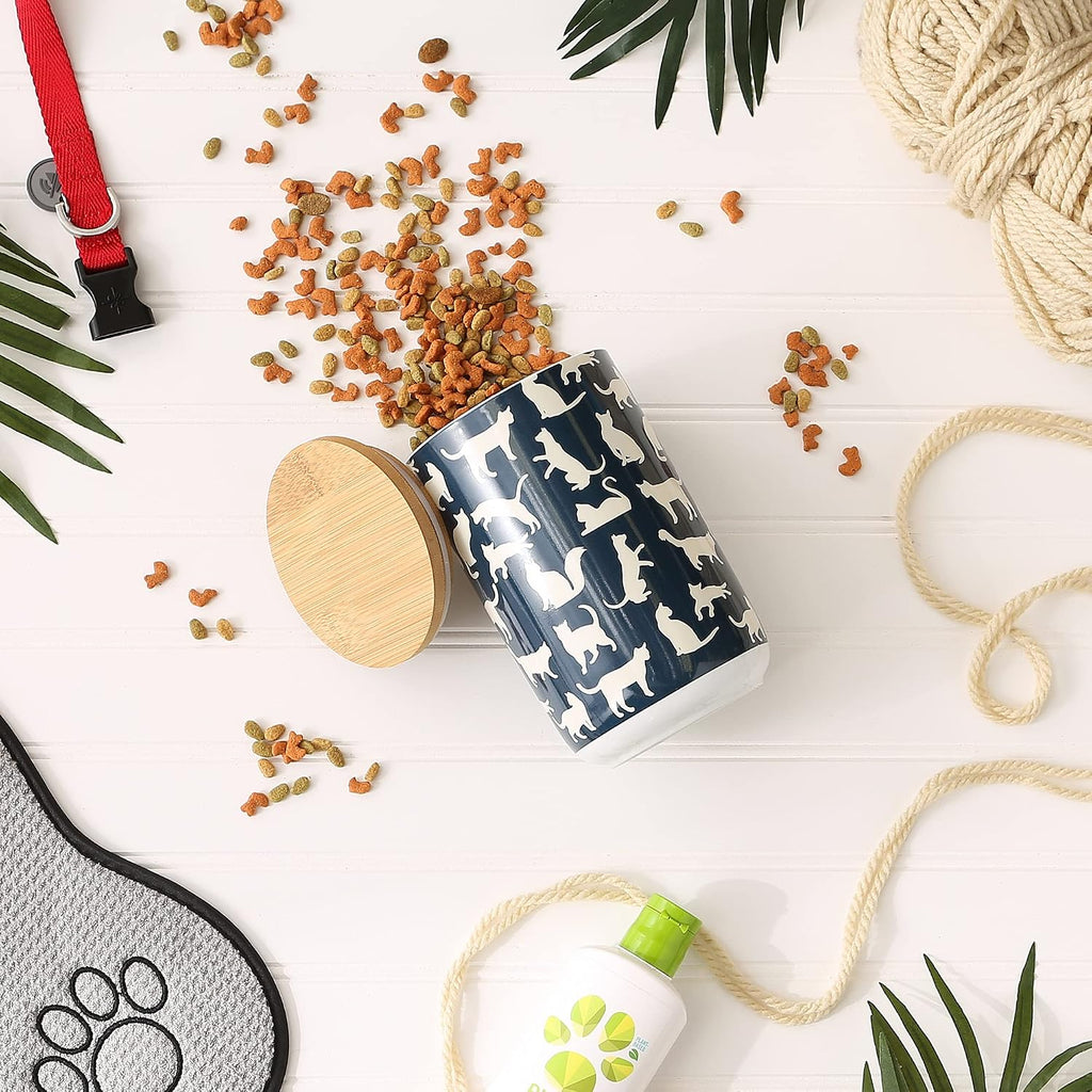 Ceramic Treat Jar for Cats and Dogs, Bamboo Lid, Dishwasher Safe Canister, 4x6.5", Navy, Cat Treats