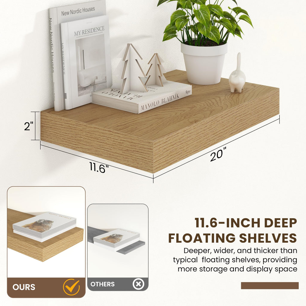 20 Inch Floating Shelves, 12'' Deep Oak Shelves for Wall Set of 2
