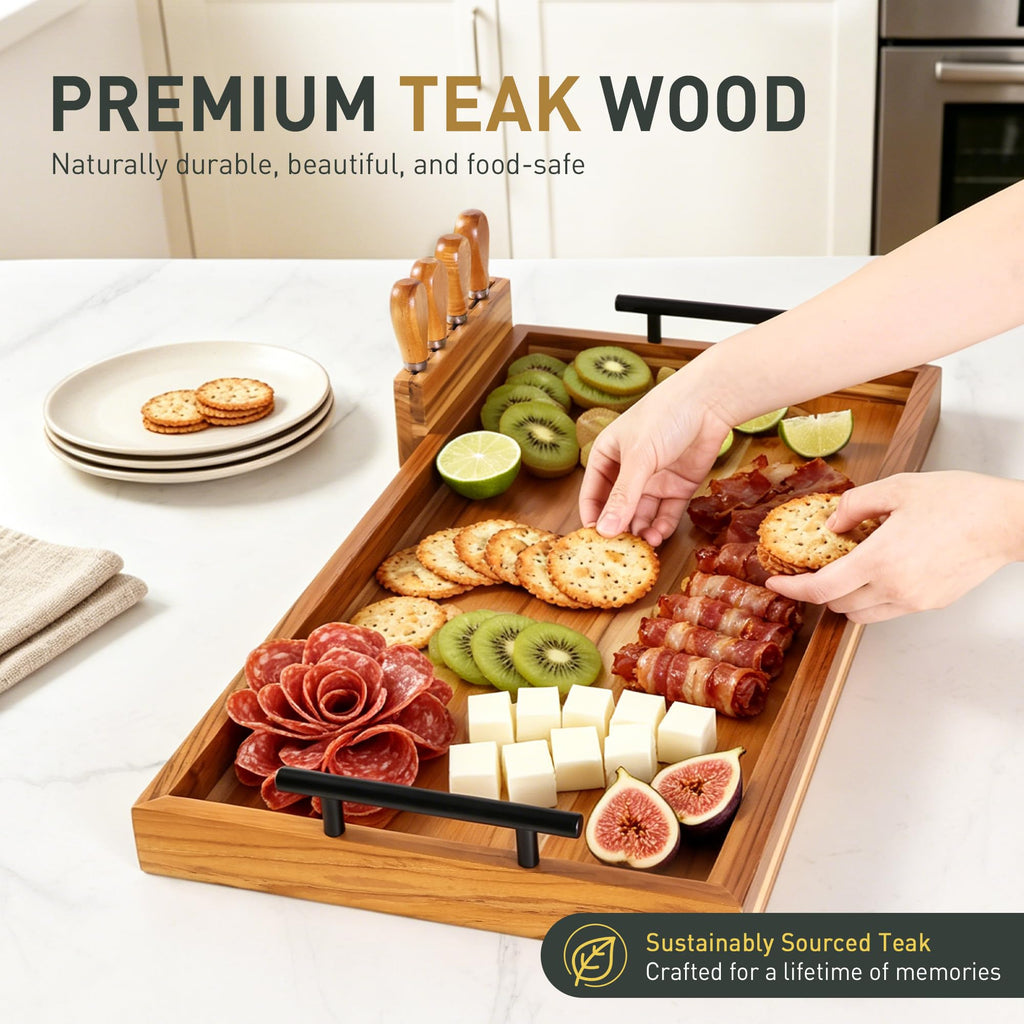 Teak 24 in Large Charcuterie Board with 4-Piece Cheese Knife Set
