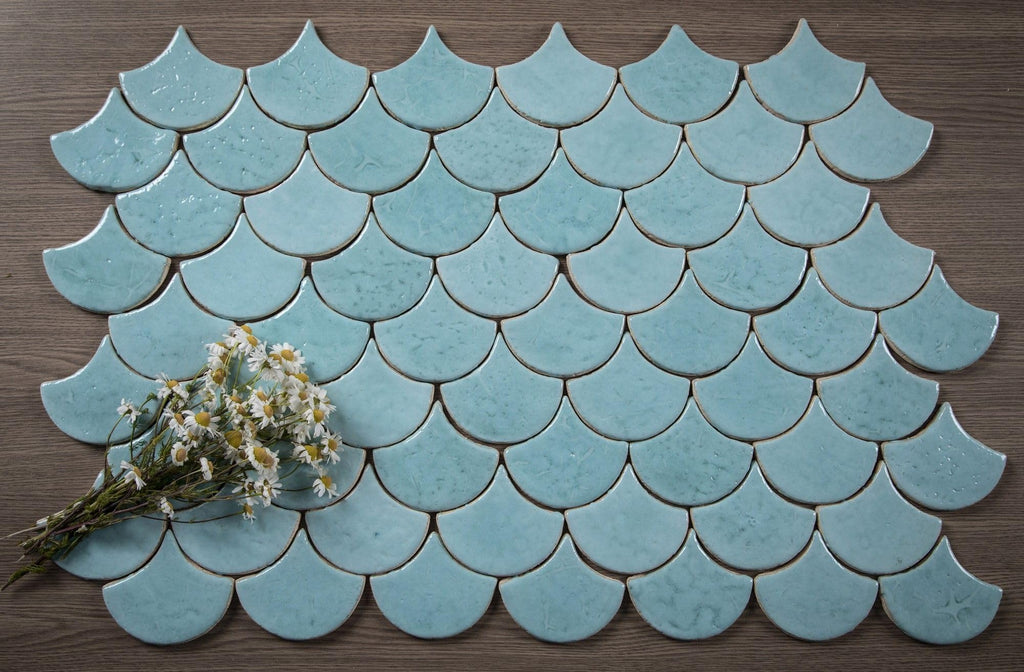 Polish Tiles Fish Scale Azure Lagoon - A Set of Decorative Ceramic Tiles in The Shape of a Fish Scale for The