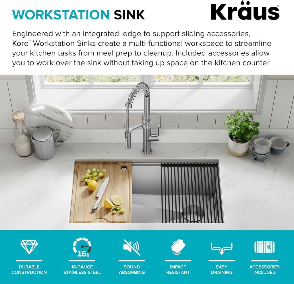 Stainless Steel 32 in Undermount Kitchen Sink KWU110-32 | 16-gauge TRU16 steel, integrated ledge for accessories