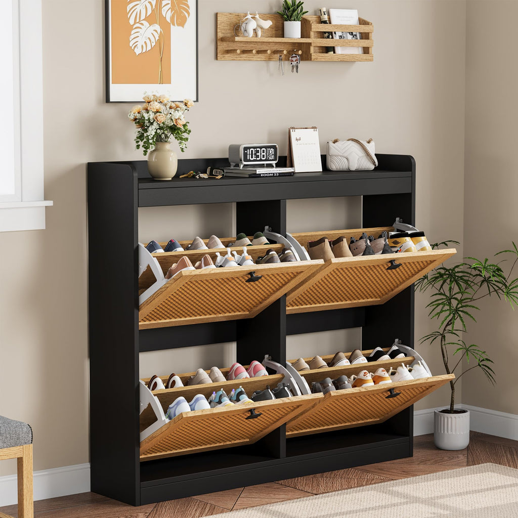 Shoe Storage Cabinet with 4 Deep Flip Drawers, Wood Shoe Cabinet with Rattan Doors and Adjustable Shelves
