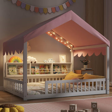 House Floor Bed with Storage Shelves for Kids, Wooden Montessori Floor Bed with Fence, LED Light, and