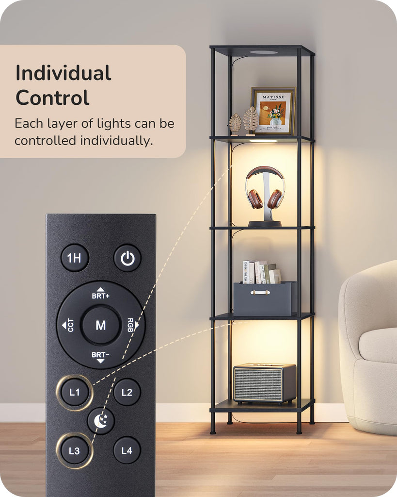 Floor Lamp with 5-Tier Display Shelf, 3 Modes Remote, Black