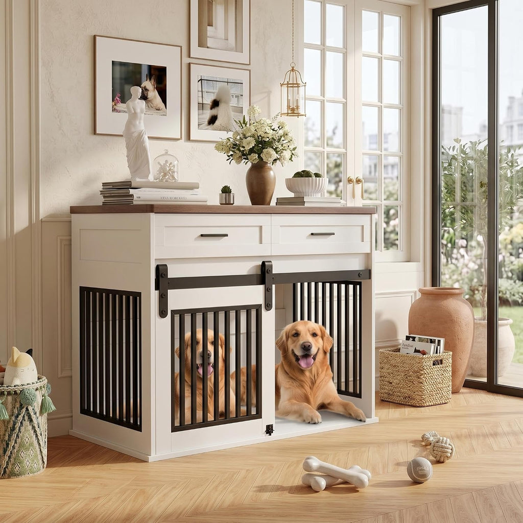 Large Dog Crate Furniture with 2 Storage Drawers, Heavy Duty Wooden Pet Kennel with Sliding Barn Door & Hook, Dog