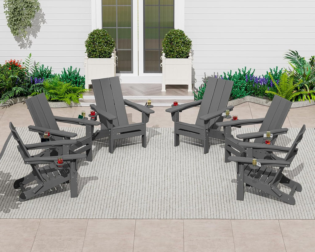 HDPE Modern Folding Adirondack Chair with Dual Cup Holder, Gray | Outdoor All-Weather Lawn Adirondack Chairs Wood