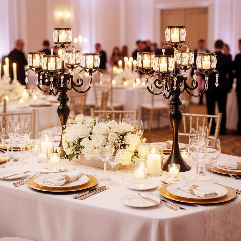 Black Candelabra Centerpieces for Tables - 5 Arm Crystal Pendant Candle Holders, Elegant Metal Centerpieces