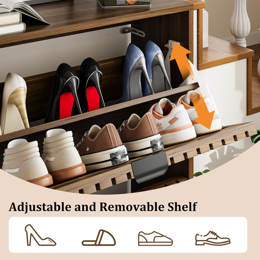 Shoe Cabinet, Shoe Storage Cabinet with 2 Slatted Flip Drawers, Narrow Shoe Organizers, Foyer, Hallway