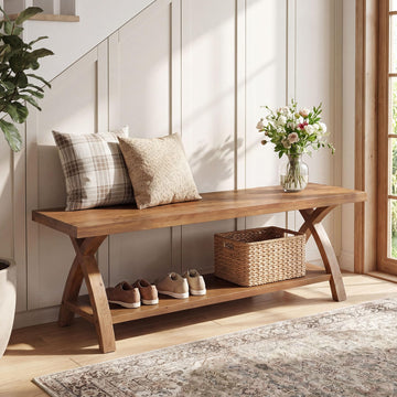 47.24" Solid Wood Entryway Bench with Shoe Storage, 2-Tier Rustic Indoor Bench, Foyer, Hallway