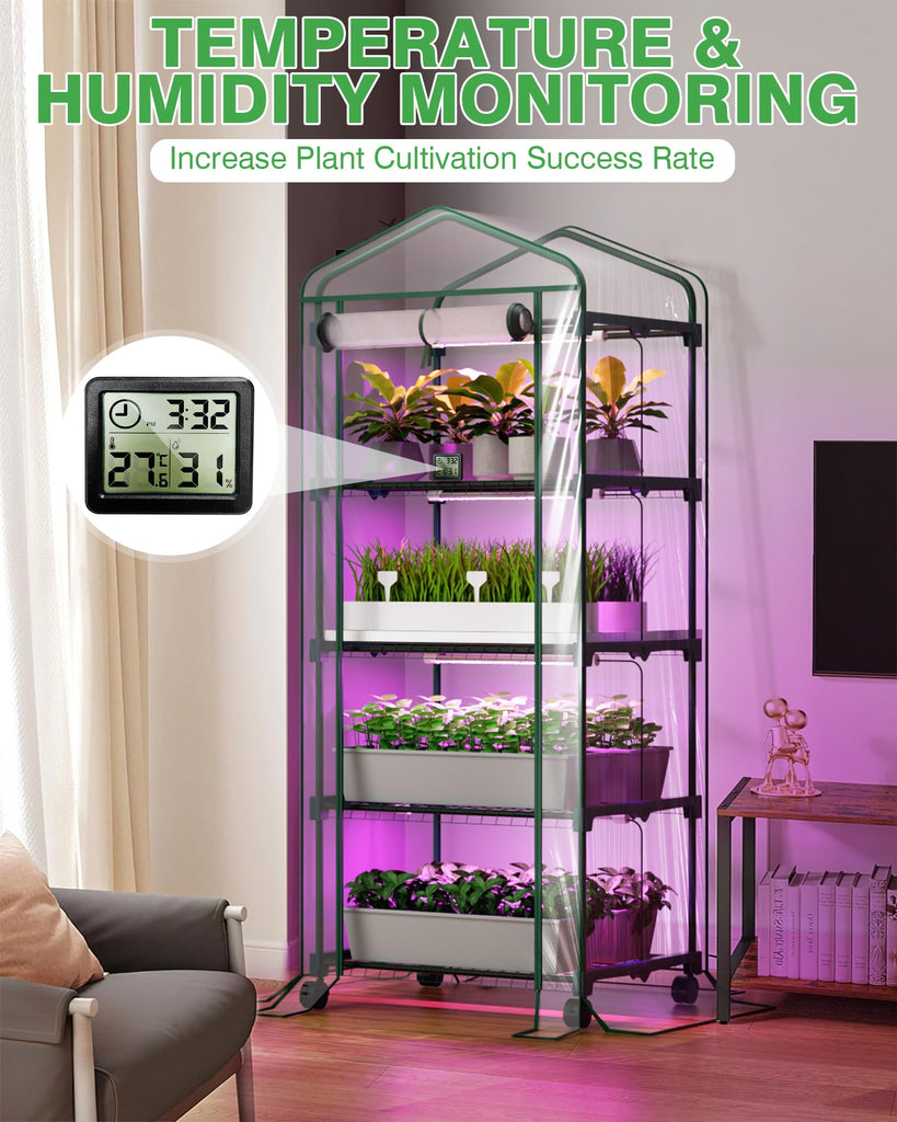 Mini Indoor Greenhouse with Grow Light - Small Portable Outdoor Plant Green House Cabinet with Wheels, Thermometer
