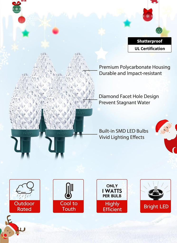 C9 Christmas Lights Outdoor, 114FT 150 LED C9 String Lights, Pure White