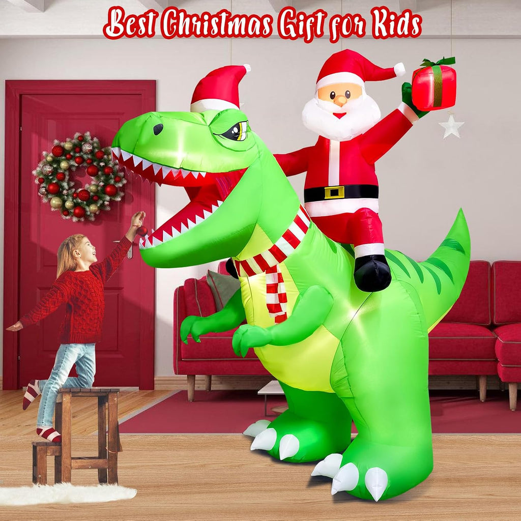 8FT Christmas Inflatable Santa Riding Giant Dinosaur with Scarf & Candy Cane & Xmas Gift Decoration, Christmas Blow