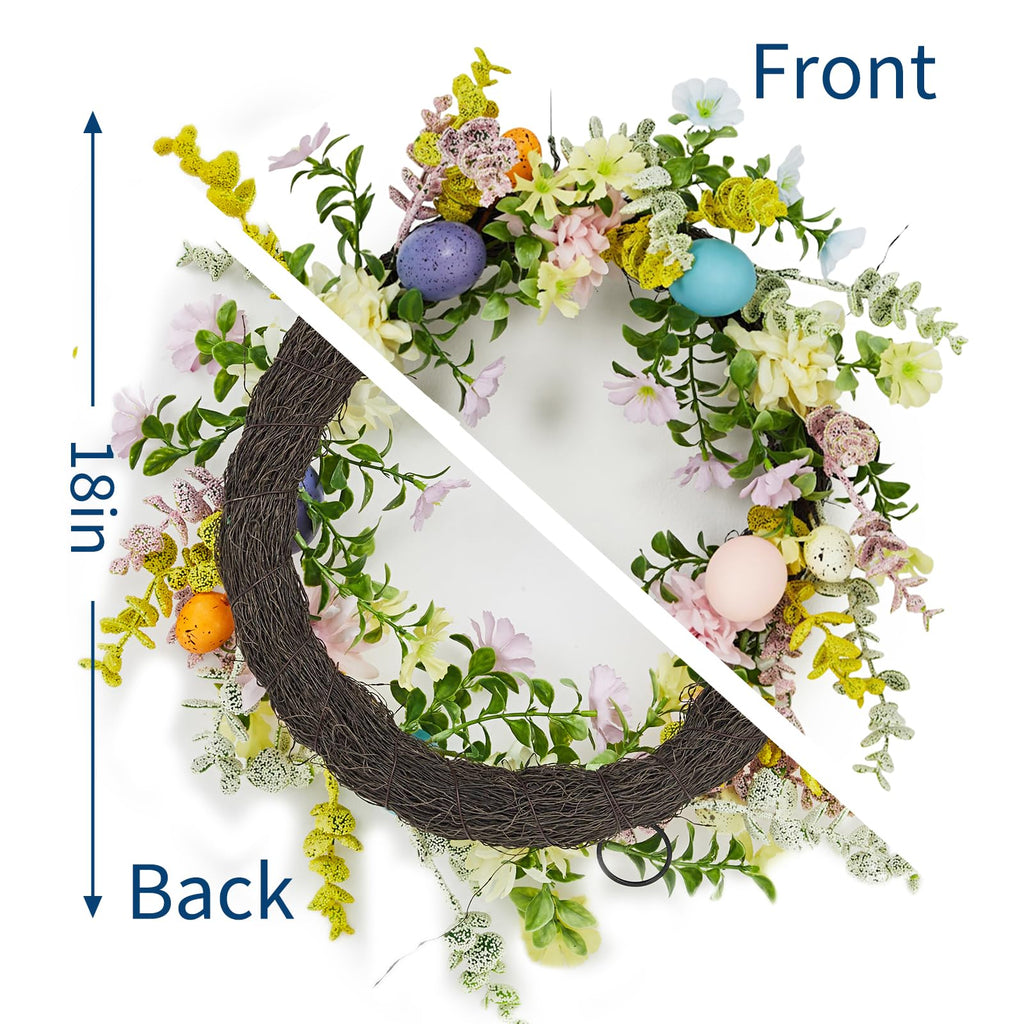 Easter Wreath for Front Door - 18in Spring Flower Wreath with Easter Eggs & Lush Greenery, Artificial Floral Door