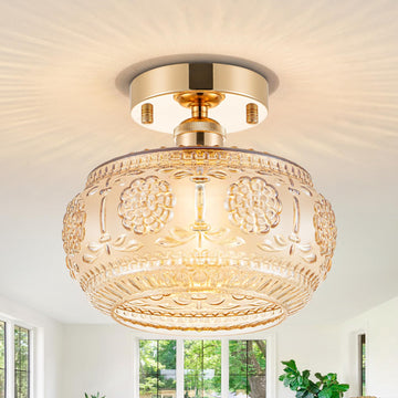 Semi Flush Mount Ceiling Light - French Gold Finish & Amber Floral Glass Shade, Vintage Modern Lighting (Bulb Not
