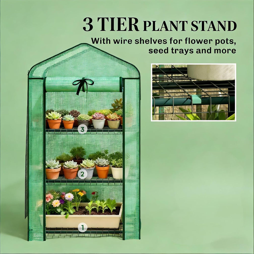 Small Mini Greenhouse with Three-Tier Shelves and Double-Layer Roof | Double-layer roof with zippered door for