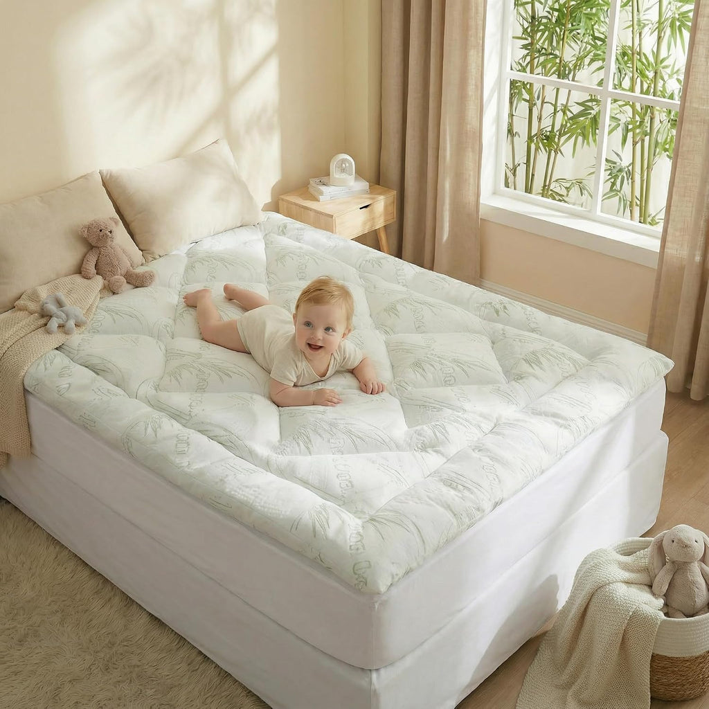 Full Bamboo Mattress Topper, Thick Pillow Top for Hot & Side Sleepers | Cooling bamboo viscose air layer,1700 GSM