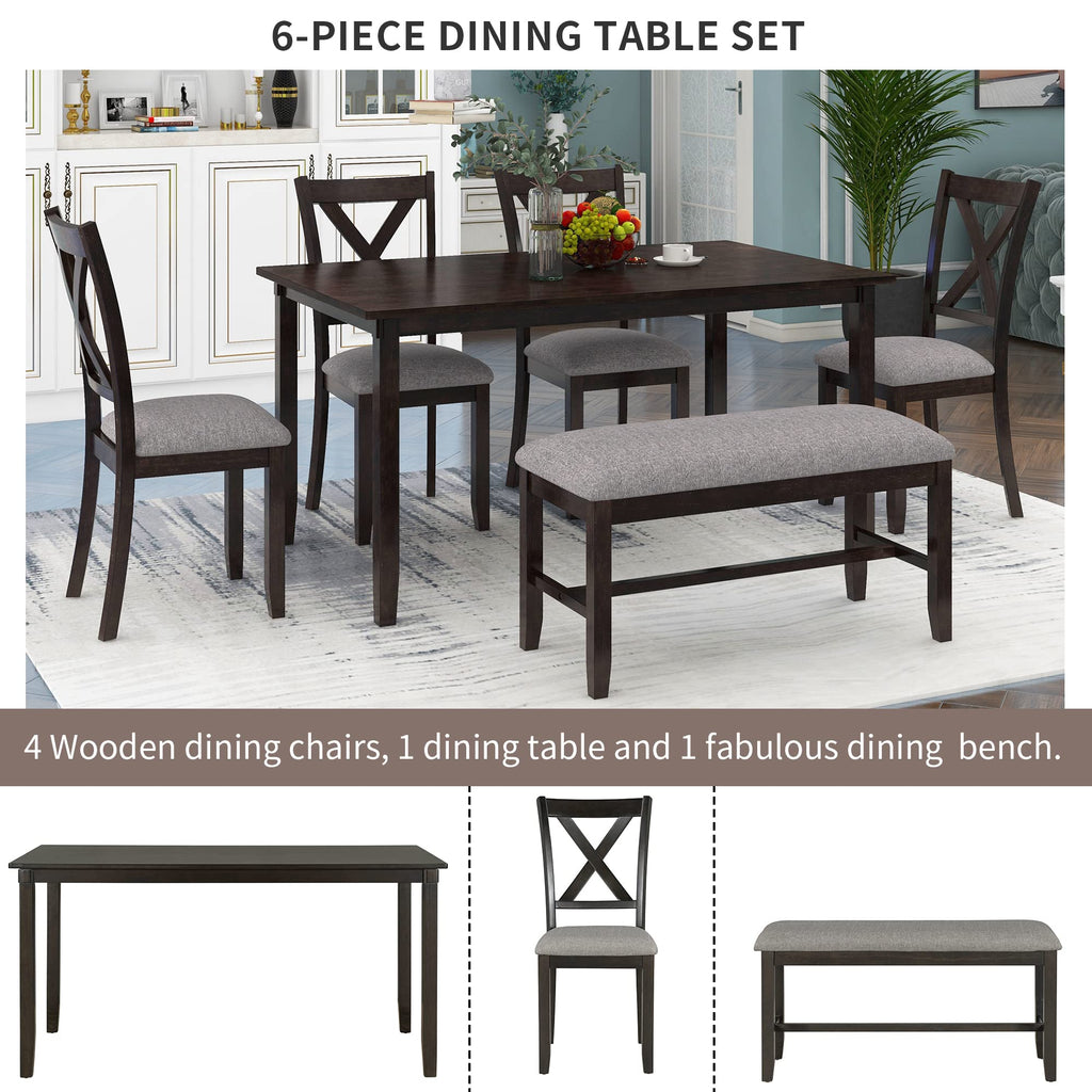 6 Piece Farmhouse Dining Table Set with Bench, Espresso