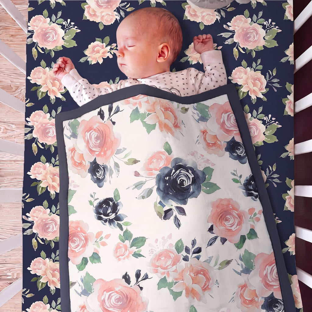 3 Pcs Navy and Pink Floral Crib Bedding Set for Girl
