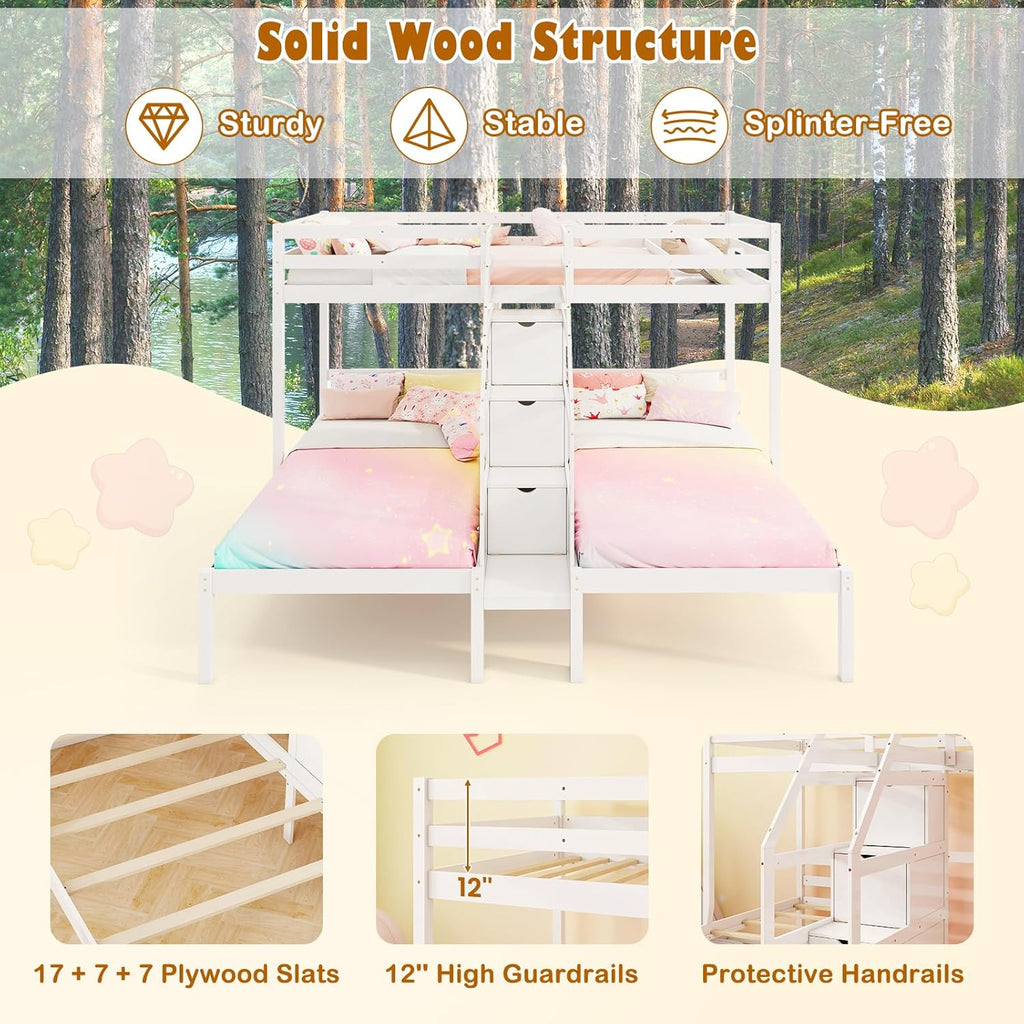 Triple Bunk Bed with Stairs, Twin Over Twin & Twin Bunk Bed Frame with Guardrail & Storage