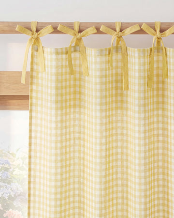 Butter Yellow Gingham Curtains, Tie Top Bow Knot Checkered Window Treatments Cheerful Rustic Farmhouse Semi Sheer