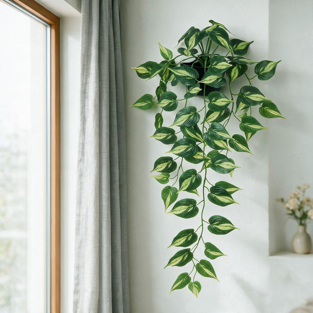 Artificial Pothos Hanging Plants - 2 Pack Silk Ivy Vines with Black Pots, Realistic Fake Greenery for Indoor Home